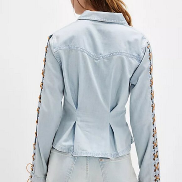 Free People Lala Lace Button Down Top Light Wash Pleated Blouse S - Picture 2 of 3